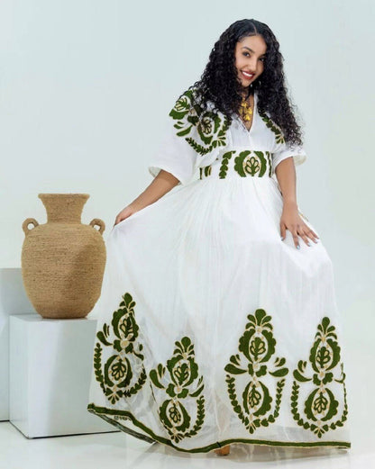 Exquisite Habesha Kemis with Full Tilf Design and Menen Fabric, Habesha Kemis, Eritrean dress, ሀበሻ