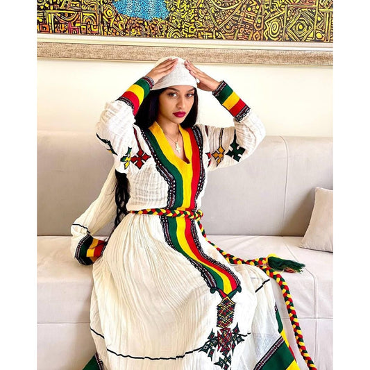 Majestic Fetil Flag Habesha Kemis with Shimena and Tilf, Habesha dress, Eritrean dress, Zuria, ሀበሻ