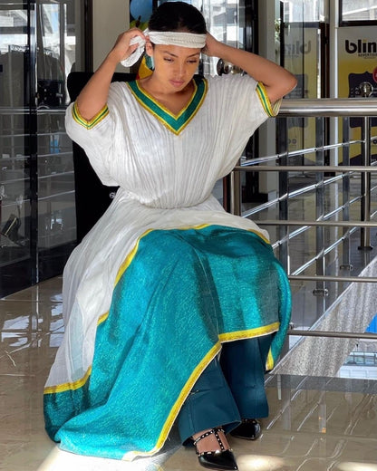 Modern Shimena Habesha Kemis with Tilf Neckline and Hand Sleeves, Habesha dress, Eritrean dress, ሀበሻ