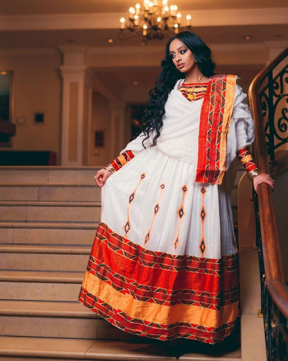 Handwoven Menen Majesty: A Vibrant Ethiopian Habesha Dress, Habesha kemis, Eritrean dress, ሀበሻ