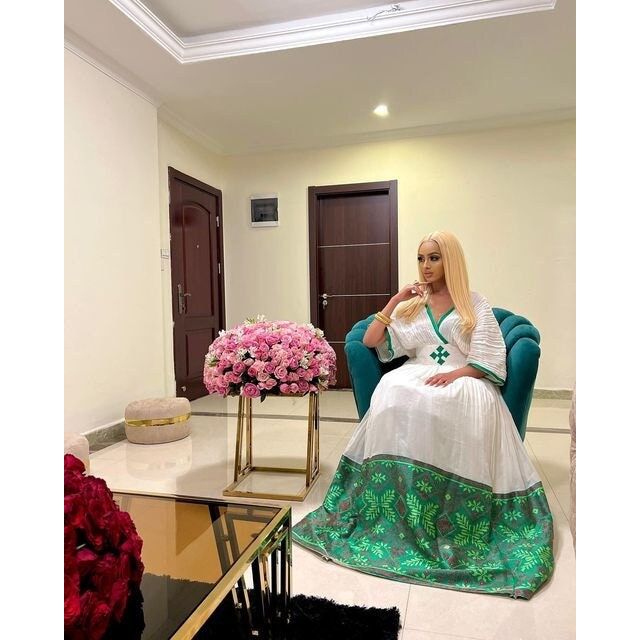 Enchanting Green Tilf Shimena Habesha Kemis with Intricate Design, Habesha dress, Habesha kemis, Eritrean dress, Kemis, ሀበሻ