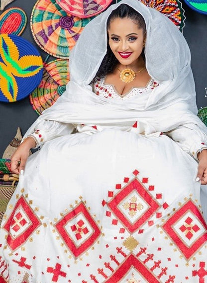 Red Menen Majesty: A Stunning Traditional Ethiopian Dress, habesha dress, Habesha kemis, Eritrean dress, ሀበሻ