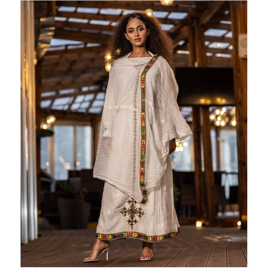 Vibrant Menen Luxury: Ethiopian Habesha Dress with Tilf Embroidery, Habesha kemis, Eritrean dress, ሀበሻ