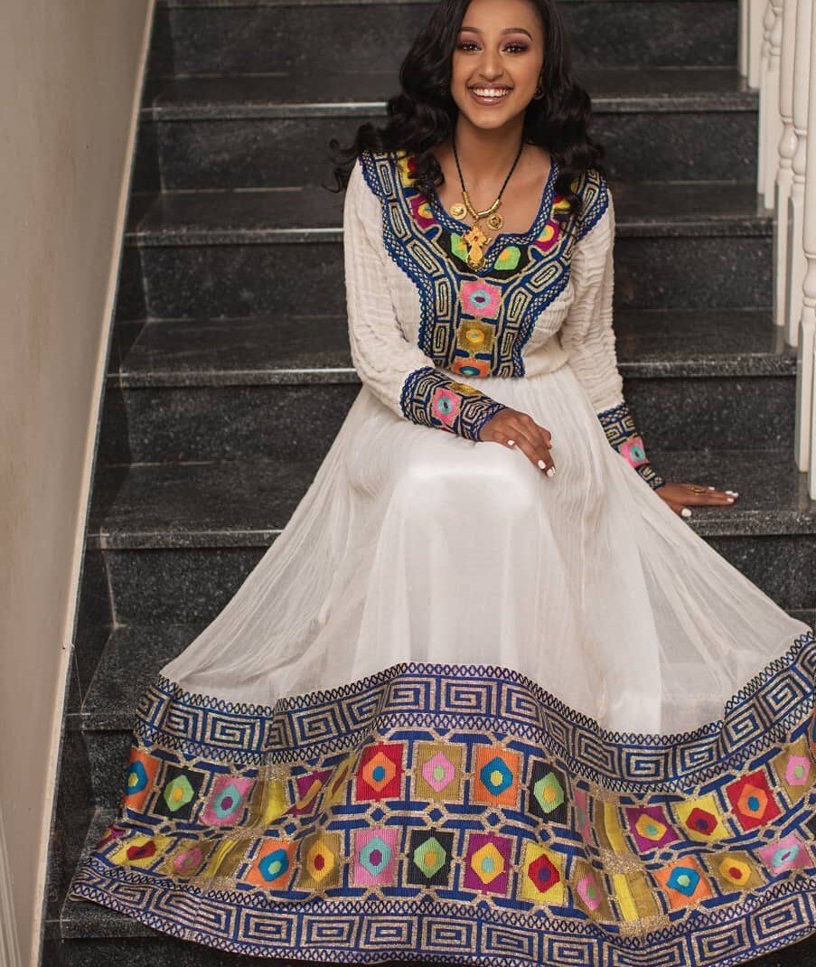 Regal Redefined: Menen Fabric Habesha Kemis with Gorgeous Tilf Embroidery, Habesha dress, Eritrean dress, ሀበሻ