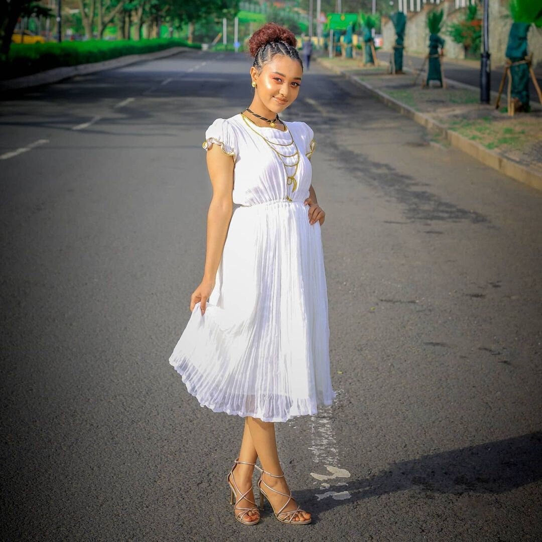 Pure Elegance: Handwoven Menen Fabric Habesha Dress in White, Habesha Kemis, Eritrean dress, ሀበሻ