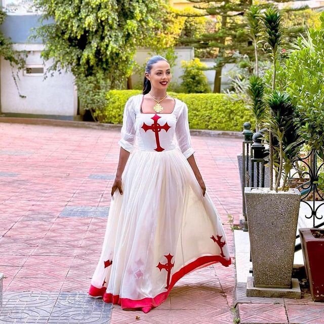 Regal red cross habesha dress design red tilf habesha kemis Eritrean dress