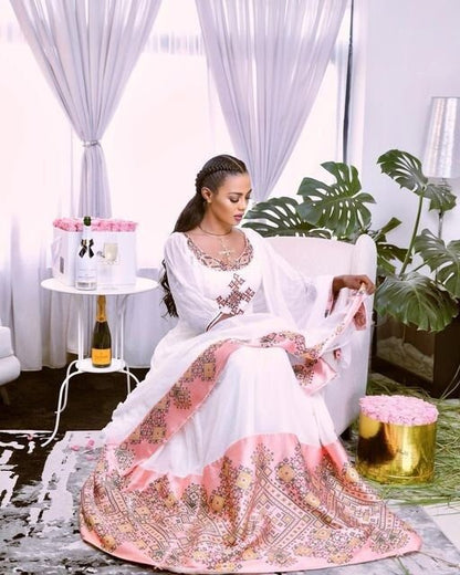 Pink Petals: A Handwoven Shimena Dress with Light Pink Tilf Embroidery, Habesha Kemis, Eritrean dress, ሀበሻ