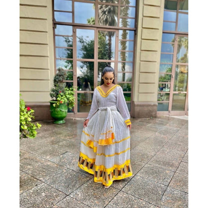 Simplicity in Yellow: Handwoven Shimena Habesha Dress with Tilf/ Embroidery, Habesha Kemis, Eritrean dress, ሀበሻ