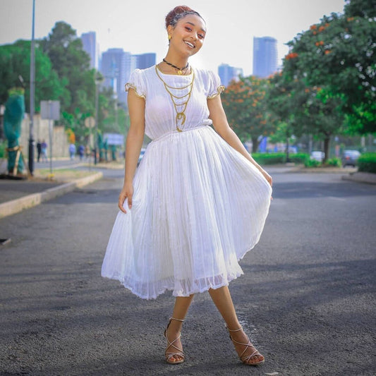 Pure Elegance: Handwoven Menen Fabric Habesha Dress in White, Habesha Kemis, Eritrean dress, ሀበሻ