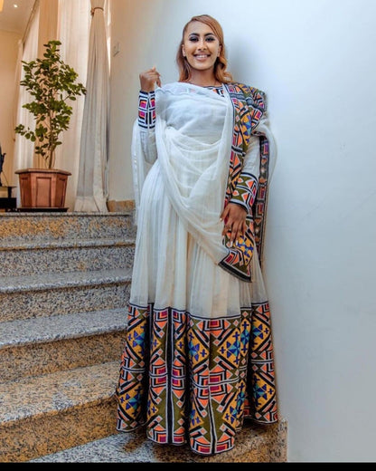 Regal Habesha Kemis with Menen Fabric, Shimena Dress, and Detailed Tilf Pattern Design, Habesha dress, Eritrean dress, ሀበሻ