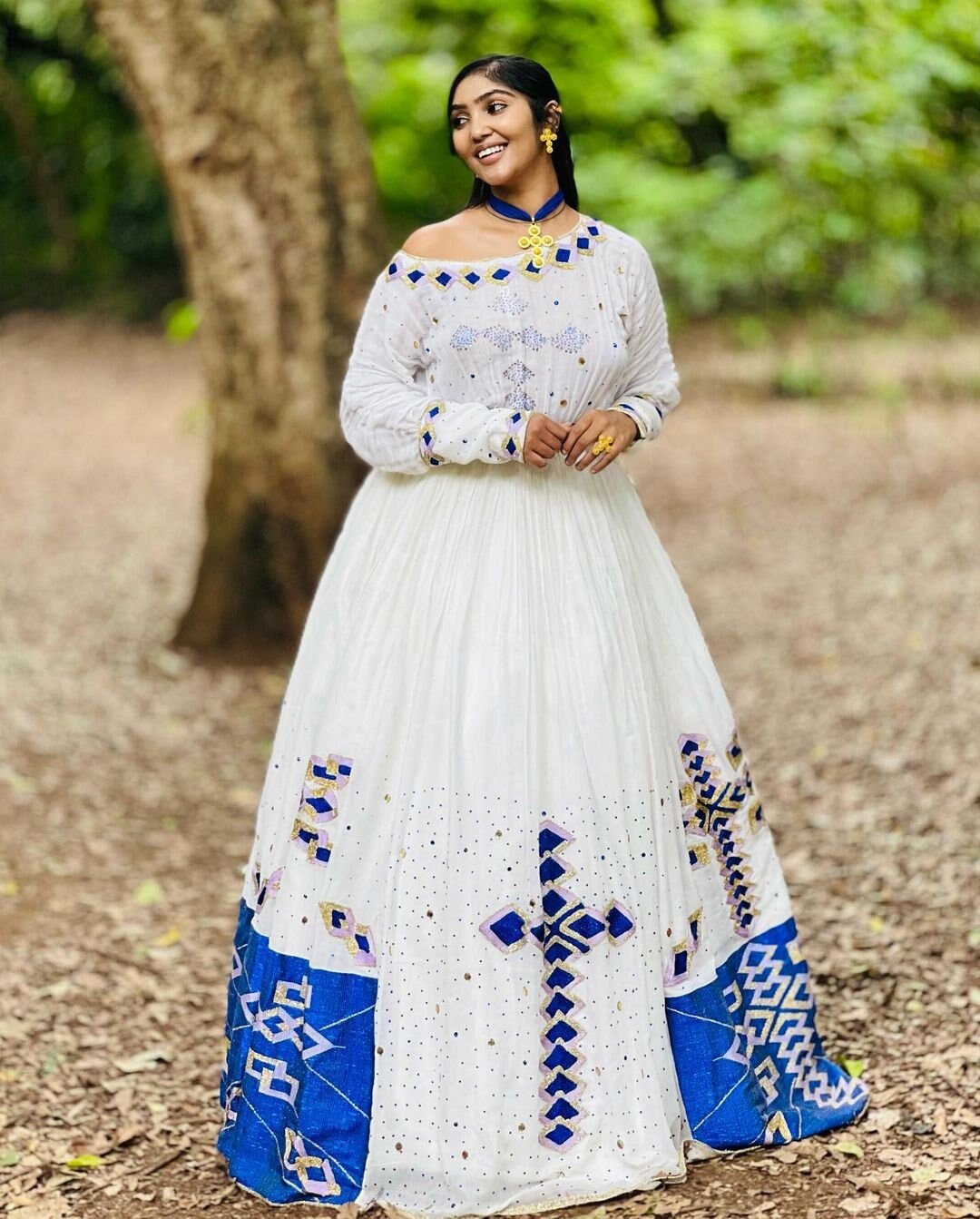 Stunning Habesha Kemis with Menen Fabric and Blue Design, Habesha dress, Eritrean dress, ሀበሻ