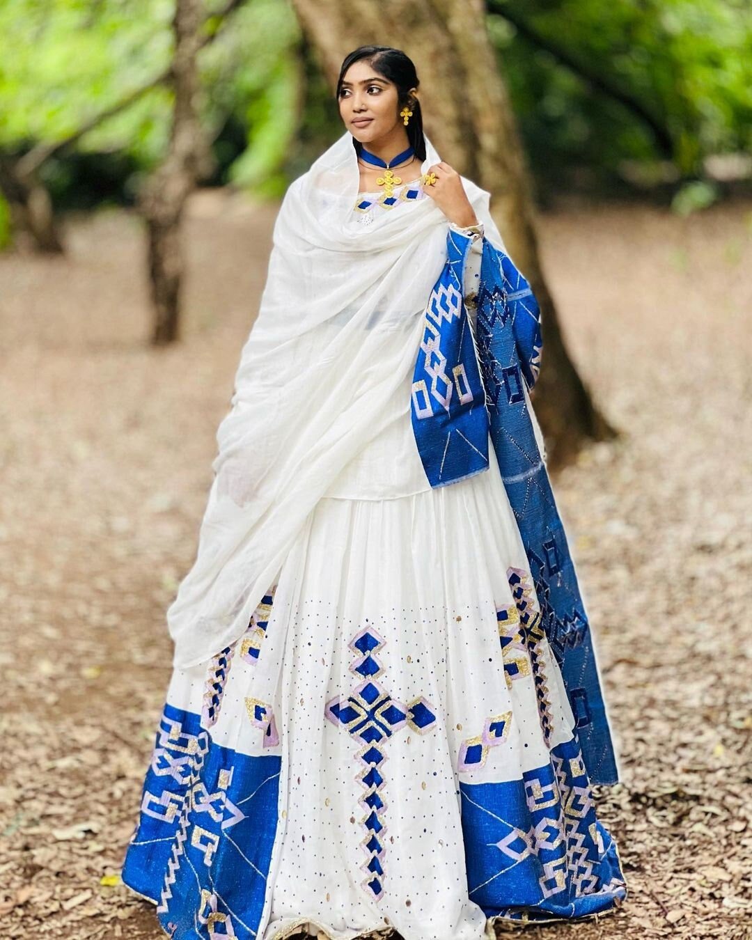 Stunning Habesha Kemis with Menen Fabric and Blue Design, Habesha dress, Eritrean dress, ሀበሻ