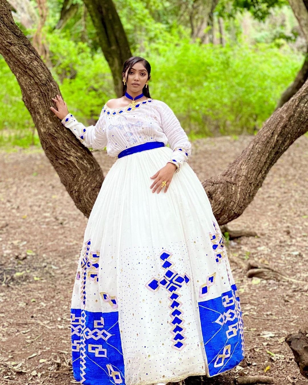 Stunning Habesha Kemis with Menen Fabric and Blue Design, Habesha dress, Eritrean dress, ሀበሻ