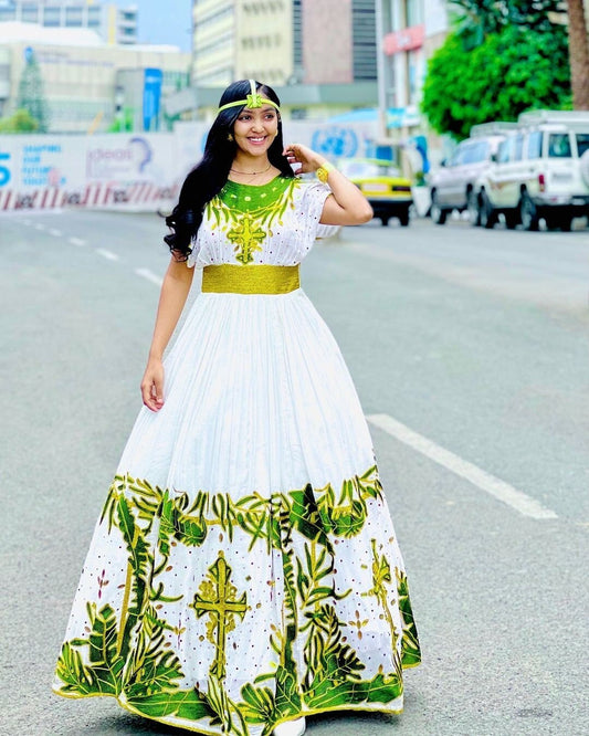 Verdant Menen Habesha Kemis with Stunning Green Tilf Design, Habesha dress, Eritrean dress, ሀበሻ