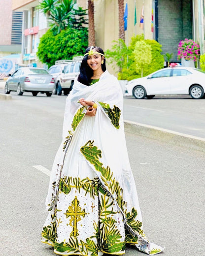 Verdant Menen Habesha Kemis with Stunning Green Tilf Design, Habesha dress, Eritrean dress, ሀበሻ