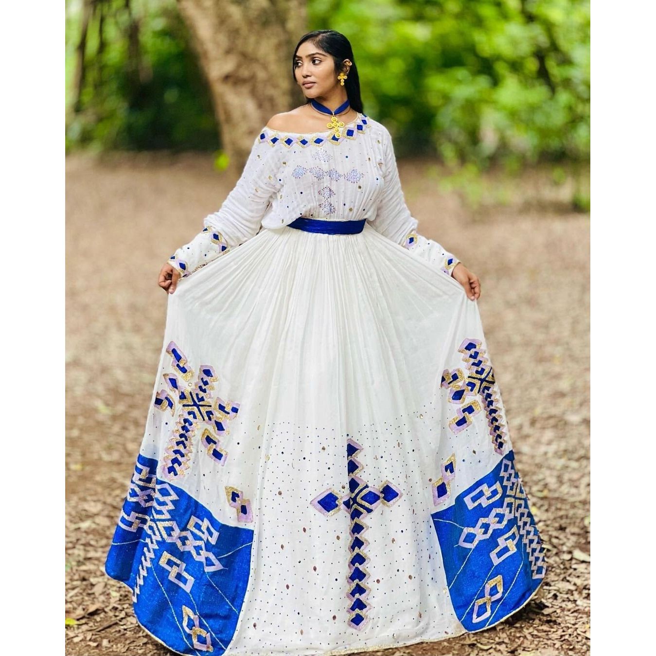 Stunning Habesha Kemis with Menen Fabric and Blue Design, Habesha dress, Eritrean dress, ሀበሻ