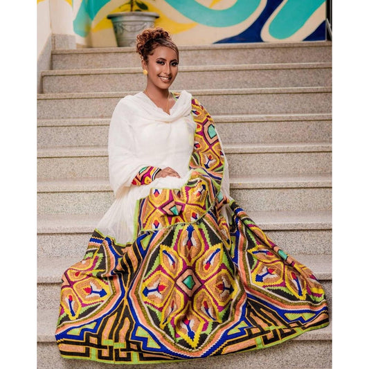 Majestic Habesha Kemis with Menen Fabric, Shimena Dress, and Unique Tilf Design, Habesha dress, Eritrean dress, ሀበሻ