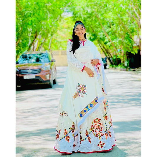 Unique Habesha Kemis with Menen Fabric and Intricate Tilf Design, Habesha dress, Eritrean dress, ሀበሻ