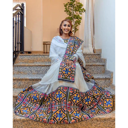 Regal Habesha Kemis with Menen Fabric, Shimena Dress, and Detailed Tilf Pattern Design, Habesha dress, Eritrean dress, ሀበሻ