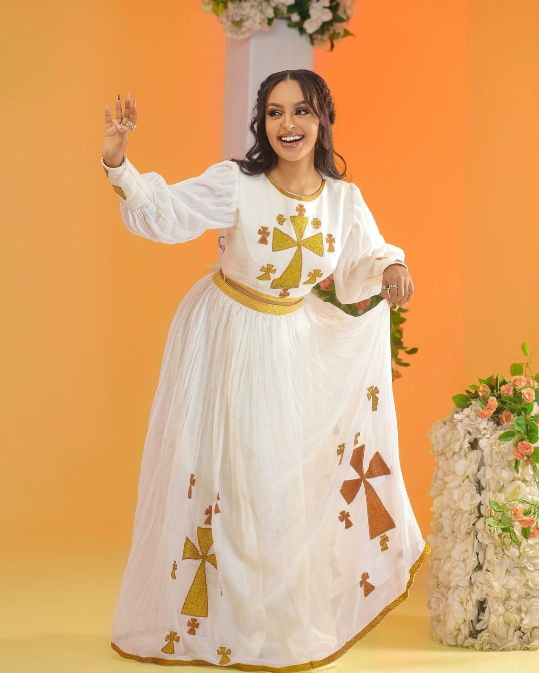 Majestic Habesha Kemis with a Vibrant Tilf Design and a Mix of Menen Fabric and Fetil , Simple Habesha Dress, Summer Dress, Vacation, ሀበሻ