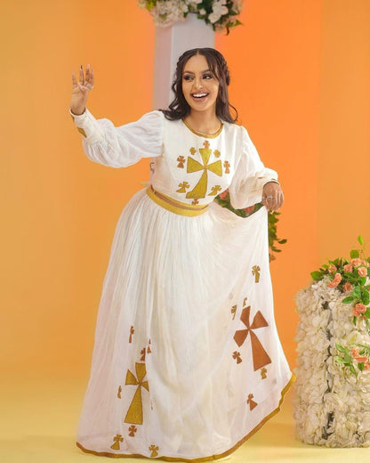 Majestic Habesha Kemis with a Vibrant Tilf Design and a Mix of Menen Fabric and Fetil , Simple Habesha Dress, Summer Dress, Vacation, ሀበሻ