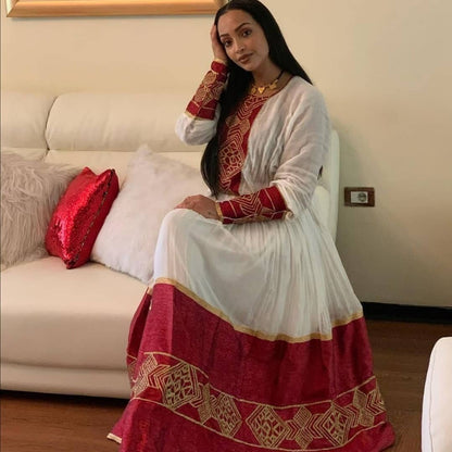 Beautiful Vibrant Shimena Dress with Tilf Embroidery, Habesha dress, Habesha Kemis, Eritrean dress, ሀበሻ