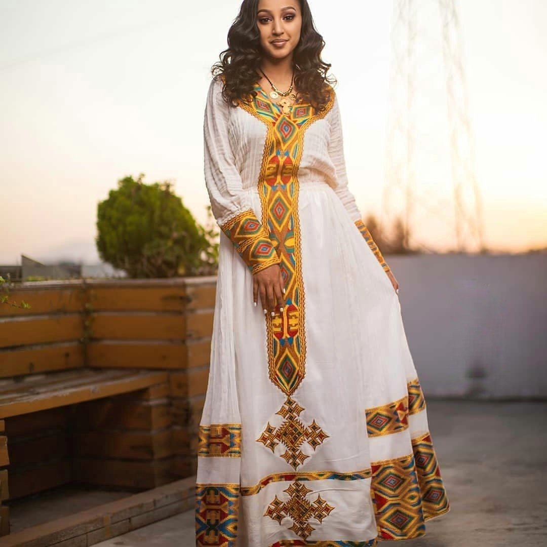 Menen-Shimena Delight: A Vibrant Habesha Dress with Intricate Tilf Embroidery, Habesha Kemis, Eritrean dress, ሀበሻ