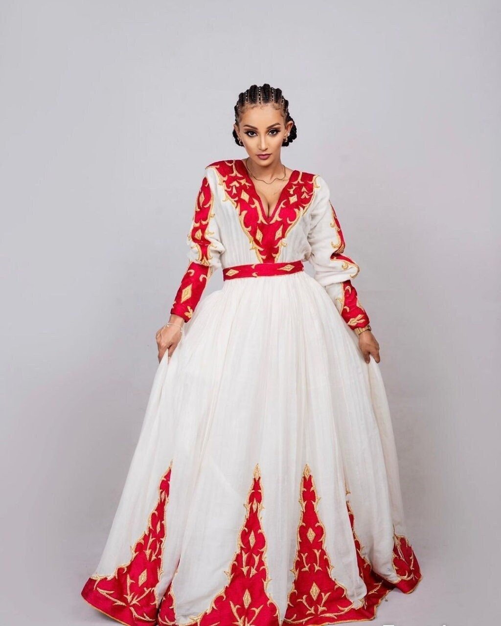 Regal Red Menen Dress with Stunning Tilf Embroider, Habesha dress, Habesha Kemis, Eritrean dress, ሀበሻ