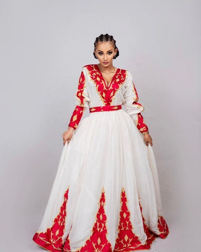 Regal Red Menen Dress with Stunning Tilf Embroider, Habesha dress, Habesha Kemis, Eritrean dress, ሀበሻ