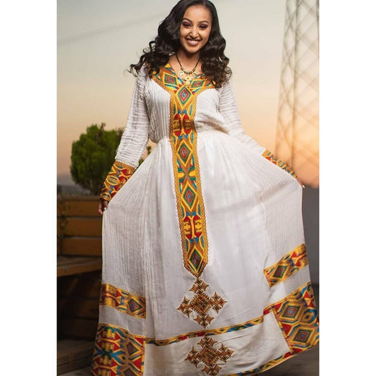 Menen-Shimena Delight: A Vibrant Habesha Dress with Intricate Tilf Embroidery, Habesha Kemis, Eritrean dress, ሀበሻ