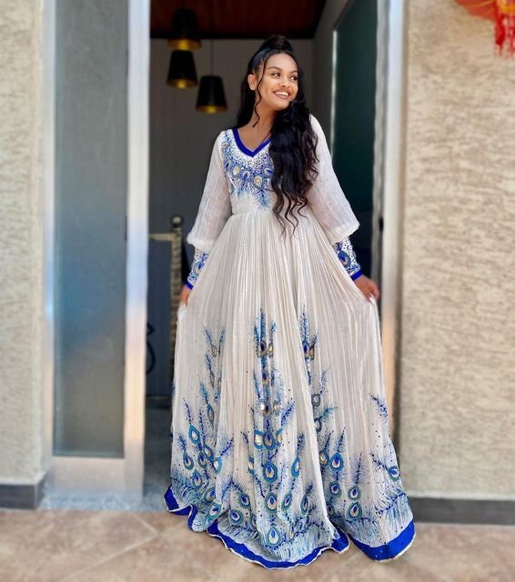 Blue Menen Habesha Kemis with Tilf Embroidery and Beads, Habesha Kemis, Eritrean dress, ሀበሻ