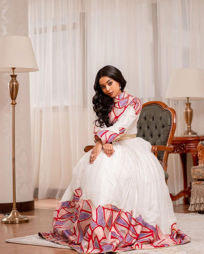 Tilf Elegance: An Exquisite Habesha Dress with Menen Fabric, Habesha Kemis, Eritrean dress, ሀበሻ
