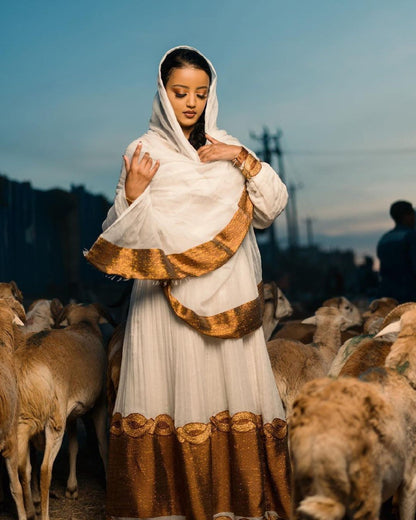 Golden Brown Shimena Beauty: A Gorgeous Habesha Dress with Menen Fabric and Tilf Chain Design, Habesha Kemis, Eritrean dress, ሀበሻ