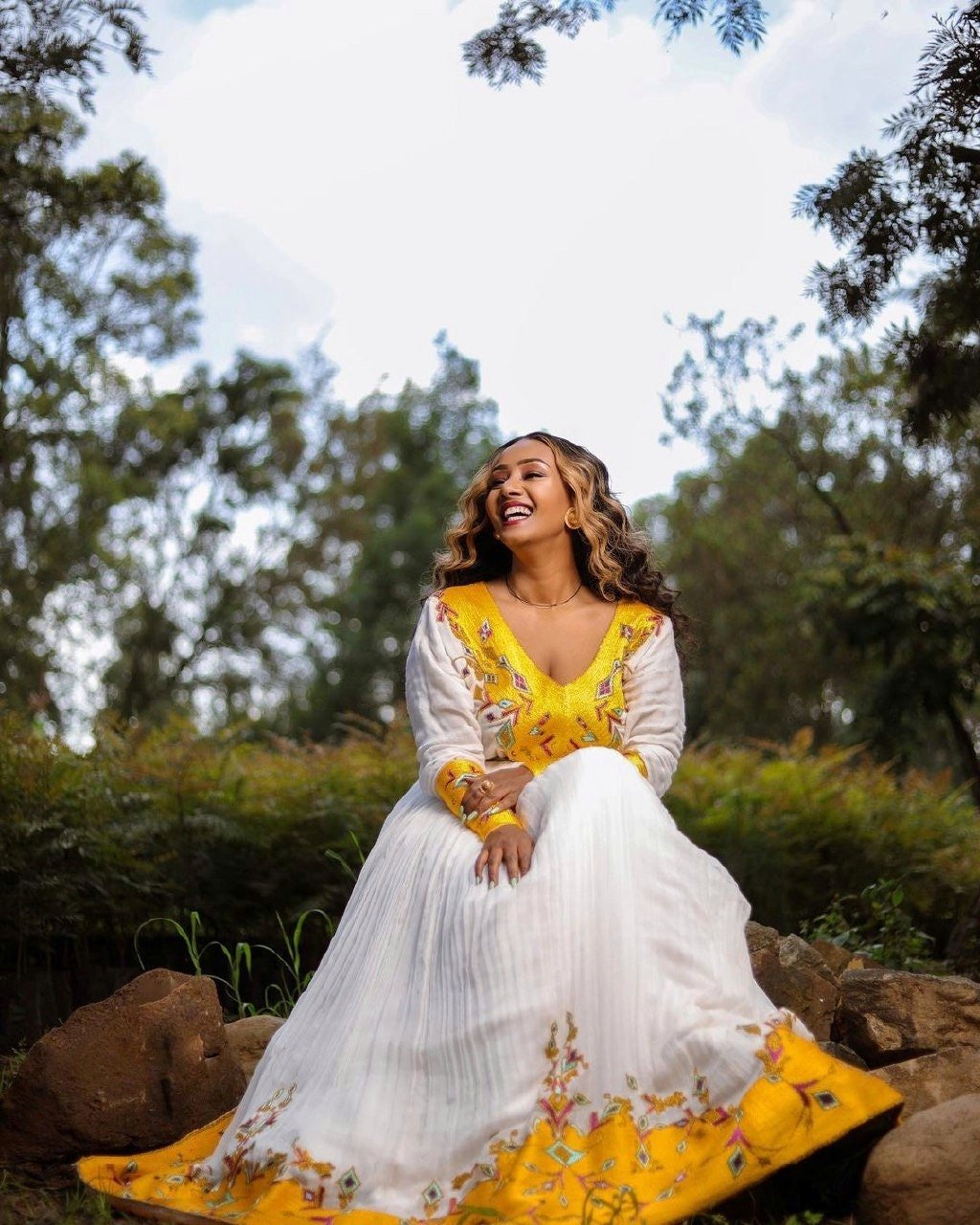 A Stunning Ethiopian Habesha Dress in Menen Fabric with Exquisite Yellow Tilf Design, Habesha Kemis, Eritrean dress, ሀበሻ