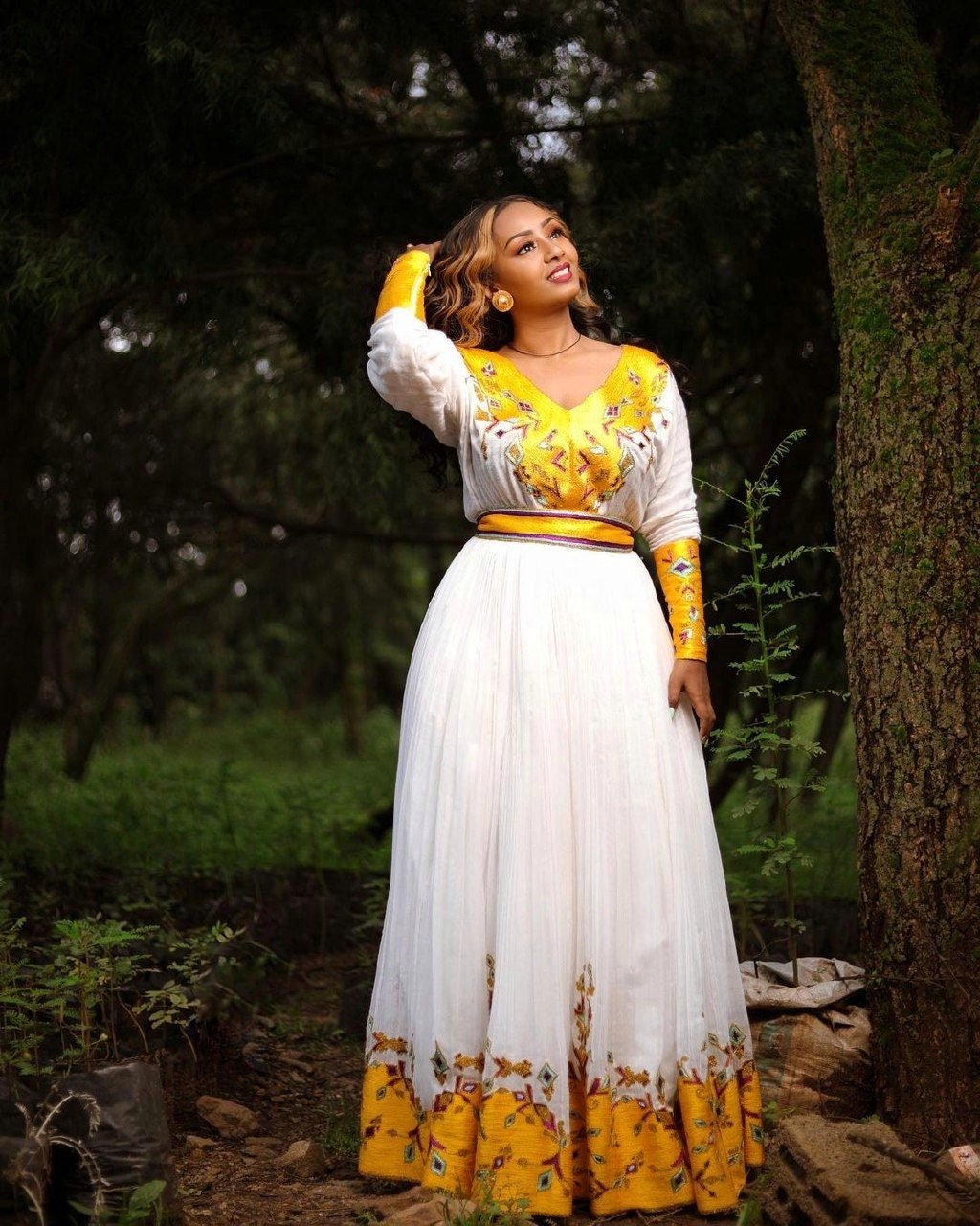 A Stunning Ethiopian Habesha Dress in Menen Fabric with Exquisite Yellow Tilf Design, Habesha Kemis, Eritrean dress, ሀበሻ