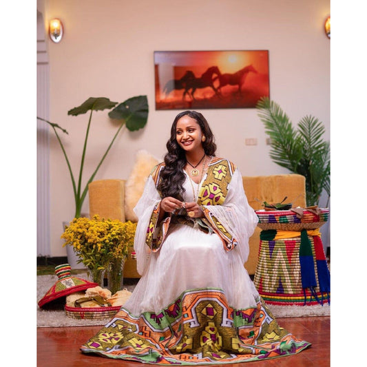 Elegant Habesha Dress with Menen Fabric, Tilf Design on the Sleeves, and Shimena Bottom, Habesha Kemis, Eritrean dress, ሀበሻ