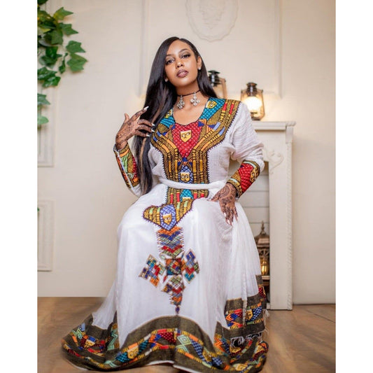 Exquisite Menen and Shimena Dress with Intricate Tilf Embroidery, Habesha dress, Habesha Kemis, Eritrean dress, ሀበሻ