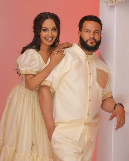 Exquisite Couples' Habesha Clothing with Gorgeous Menen Fabric, couples clothing, ሀበሻ