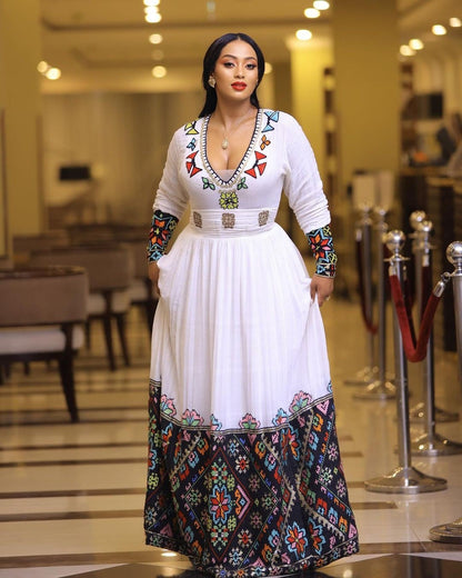 A Menen Fabric Habesha Kemis with Shimena Top, Tibeb Bottom, and Tilf Embroidery , Habesha Kemis, Eritrean dress, ሀበሻ