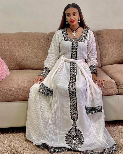 Elegant and Modern Habesha Clothing with Menen Fabric, Simple Tilf Design, and Shimena Dress, habesha libs, habesha kemis,