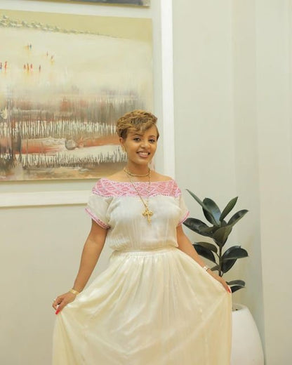 Gorgeous Pink Menen Kemis: A Fully Handwoven Masterpiece, Habesha Kemis, Eritrean dress, ሀበሻ