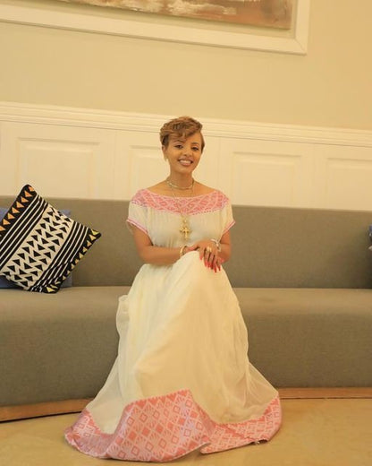 Gorgeous Pink Menen Kemis: A Fully Handwoven Masterpiece, Habesha Kemis, Eritrean dress, ሀበሻ