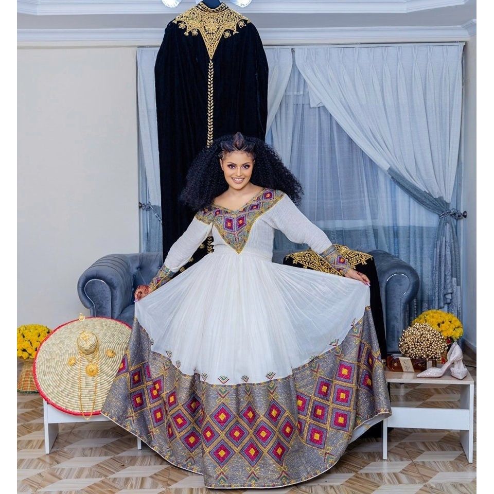 Majestic Menen Kemis with Shimena and Tilf Designs, Habesha Kemis, Eritrean dress, ሀበሻ