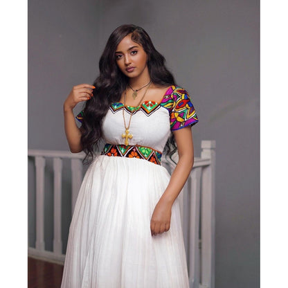 A Stunning Habesha Kemis in Menen Fabric, Shimena Dress, and Colorful Tilf Design, Eritrean dress, ሀበሻ