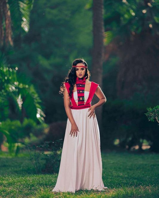 A Modern Kemise Oromo Traditional Dress made from handwoven and readymade fabrics