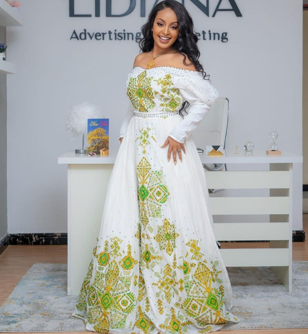 Magnificent Habesha Kemis with aGorgeous Tilf Pattern, Shimena Dress, and Regal Menen Fabric, Habesha Kemis, Eritrean dress, ሀበሻ