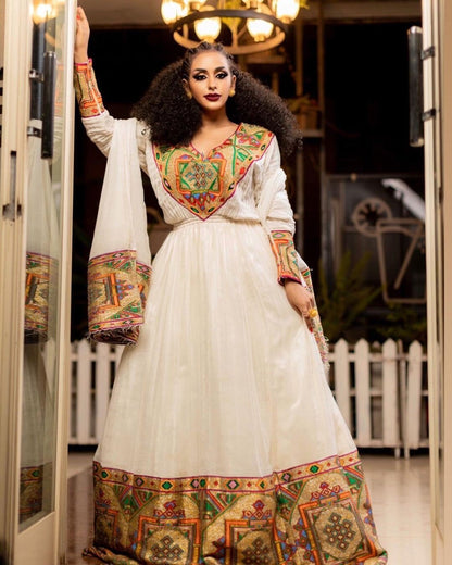 Exquisite Habesha Kemis with Modern Tilf Design and Shimena Silhouette, Habesha Kemis, Eritrean dress, ሀበሻ