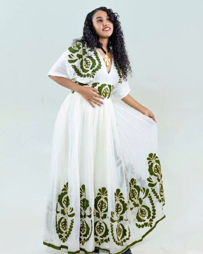 Exquisite Habesha Kemis with Full Tilf Design and Menen Fabric, Habesha Kemis, Eritrean dress, ሀበሻ