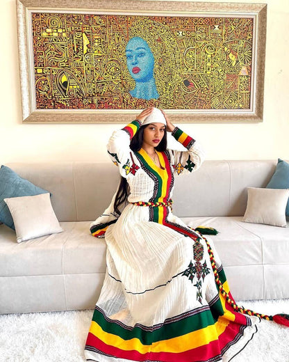 Majestic Fetil Flag Habesha Kemis with Shimena and Tilf, Habesha dress, Eritrean dress, Zuria, ሀበሻ