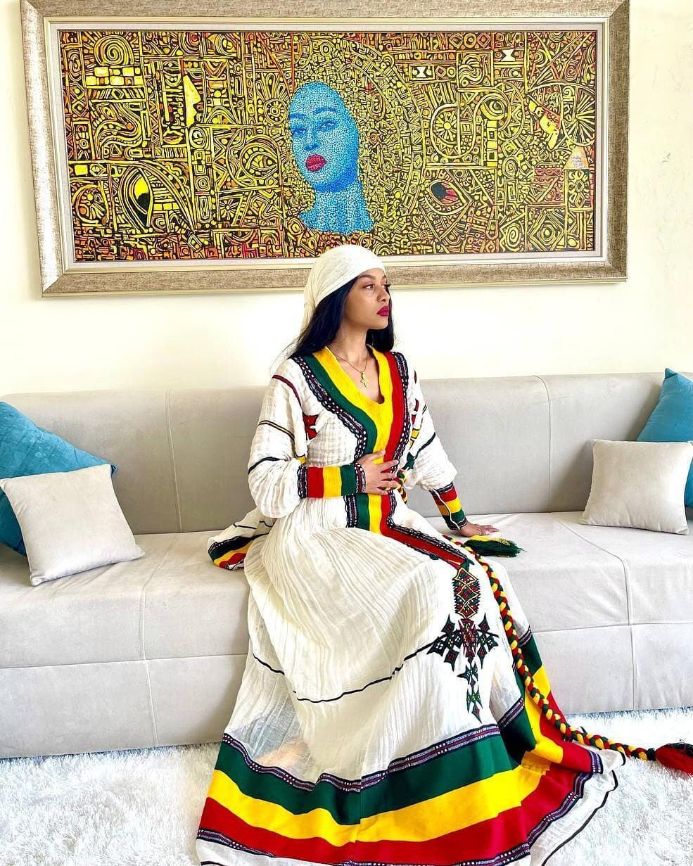 Majestic Fetil Flag Habesha Kemis with Shimena and Tilf, Habesha dress, Eritrean dress, Zuria, ሀበሻ